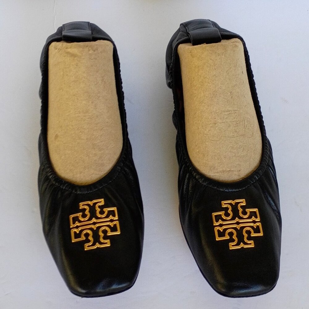 Tory Burch Georgia Ballet Black Leather Flats Sz 9.5 EUC